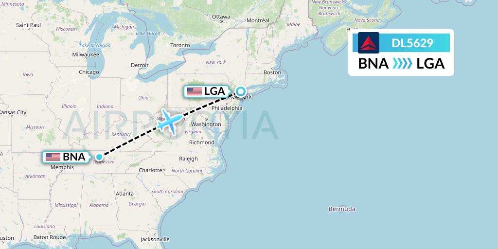 DL5629 Delta Air Lines Flight Map: Nashville to New York