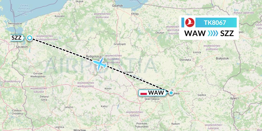 TK8067 Turkish Airlines Flight Map: Warsaw to Szczecin