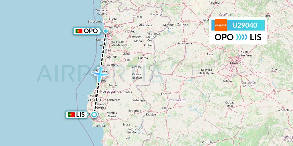 U29040 EasyJet Flight Map: Porto to Lisbon