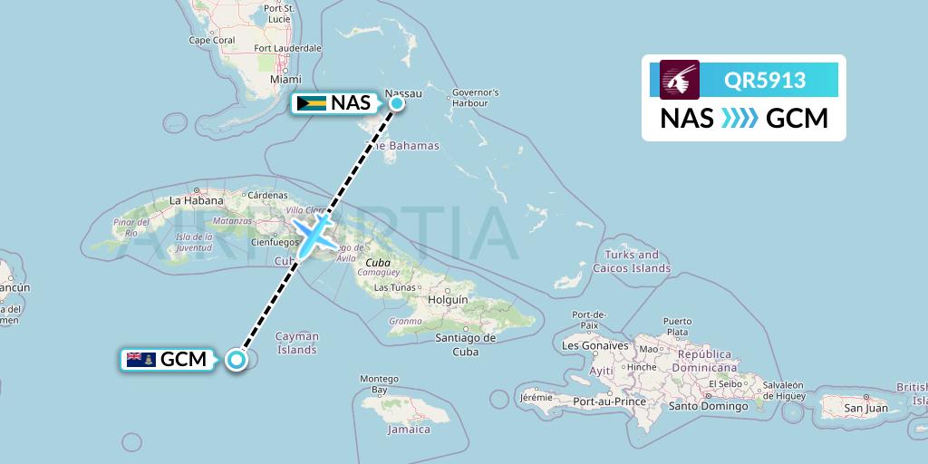 QR5913 Qatar Airways Flight Map: Nassau to George Town