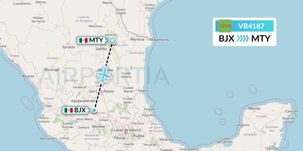 VB4187 VivaAerobus Flight Map: Silao to Monterrey