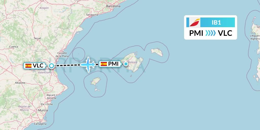 IB1 Iberia Flight Map: Palma de Mallorca to Valencia