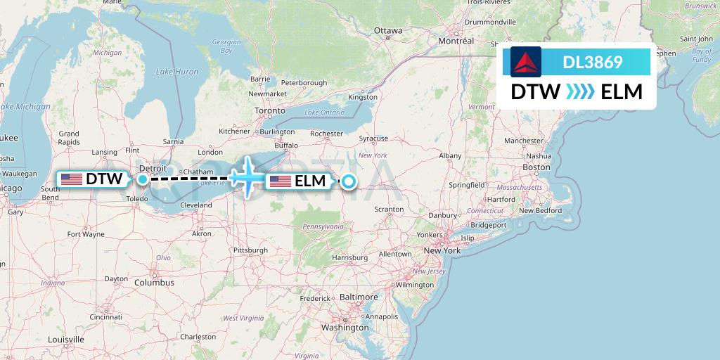 DL3869 Delta Air Lines Flight Map: Detroit to Elmira