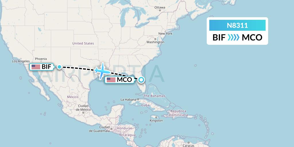 N8311 National Airlines Flight Map: Fort Bliss-El Paso to Orlando