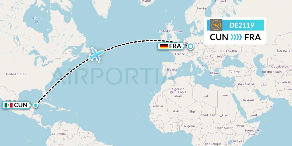 DE2119 Condor Flight Map: Cancun to Frankfurt