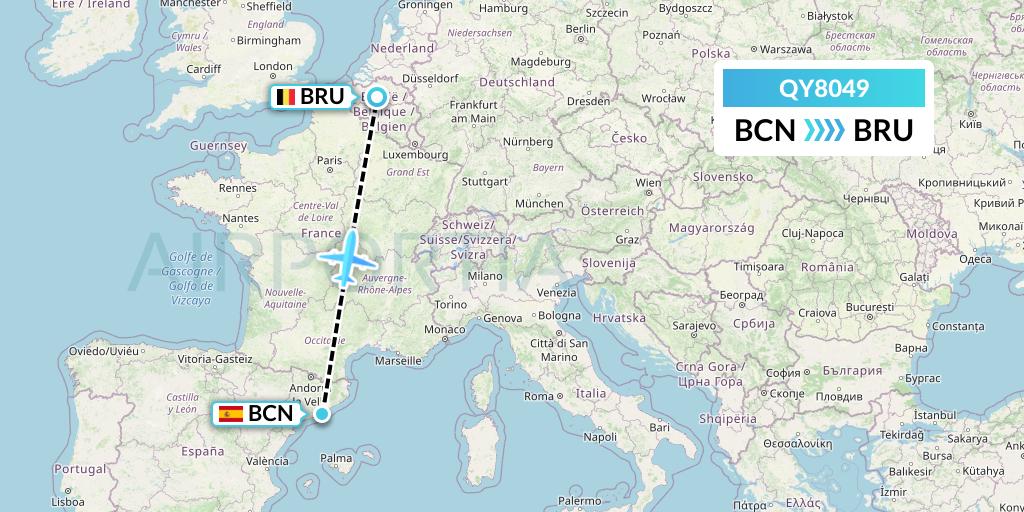 QY8049 European Air Transport Flight Map: Barcelona to Brussels