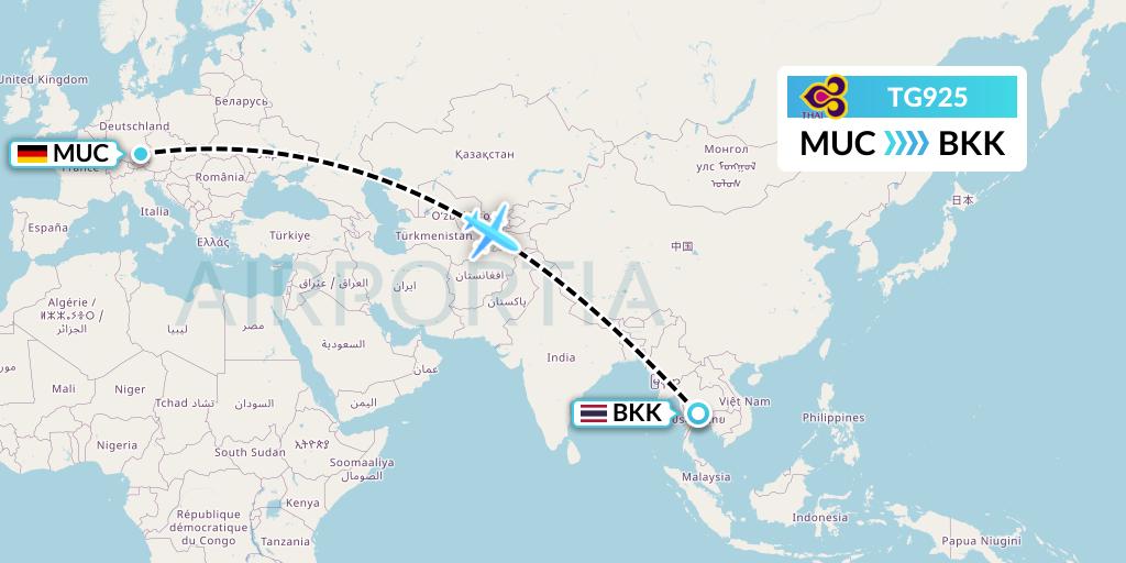 TG925 Thai Airways Flight Map: Munich to Bangkok