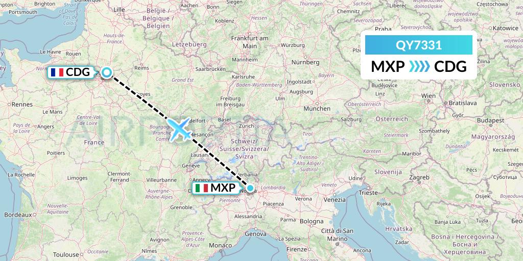 QY7331 European Air Transport Flight Map: Milan to Paris