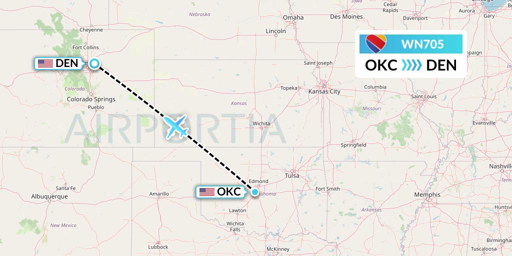 WN705 Southwest Airlines Flight Map: Oklahoma City to Denver