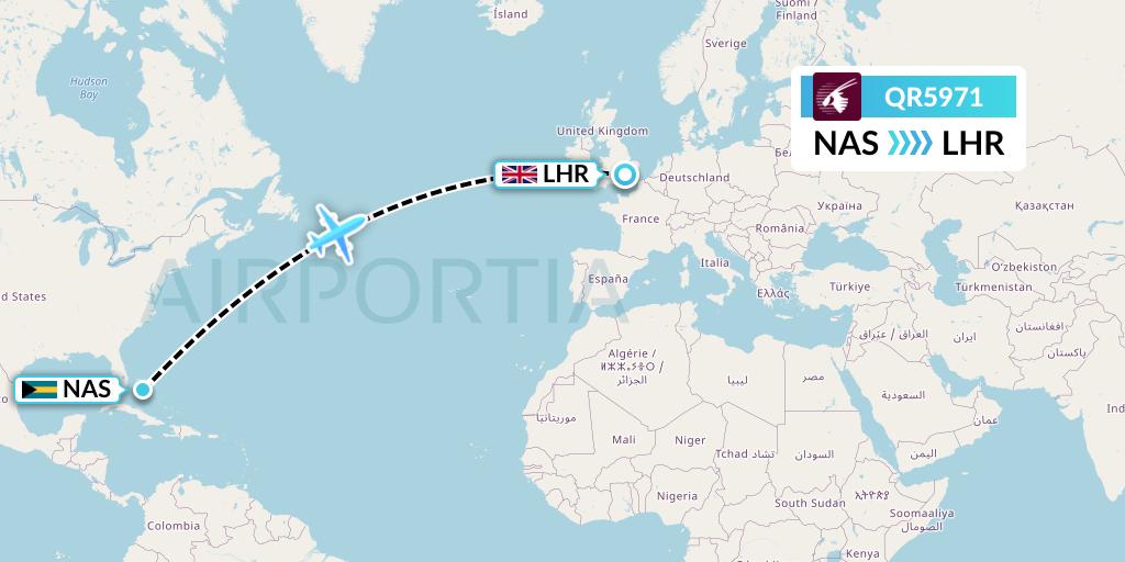 QR5971 Qatar Airways Flight Map: Nassau to London