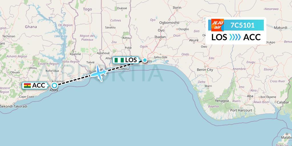 7C5101 Jeju Air Flight Map: Lagos to Accra