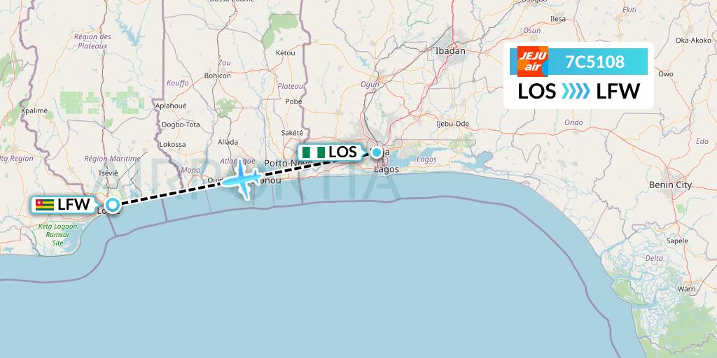 7C5108 Jeju Air Flight Map: Lagos to Lome