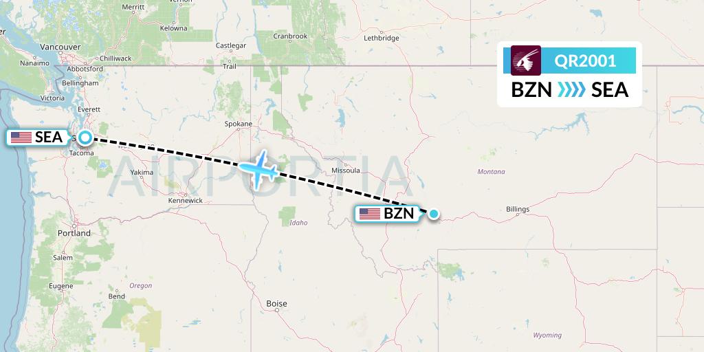 QR2001 Qatar Airways Flight Map: Bozeman to Seattle