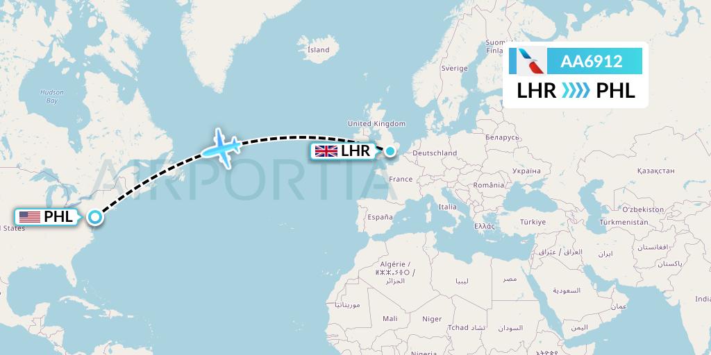 AA6912 American Airlines Flight Map: London to Philadelphia