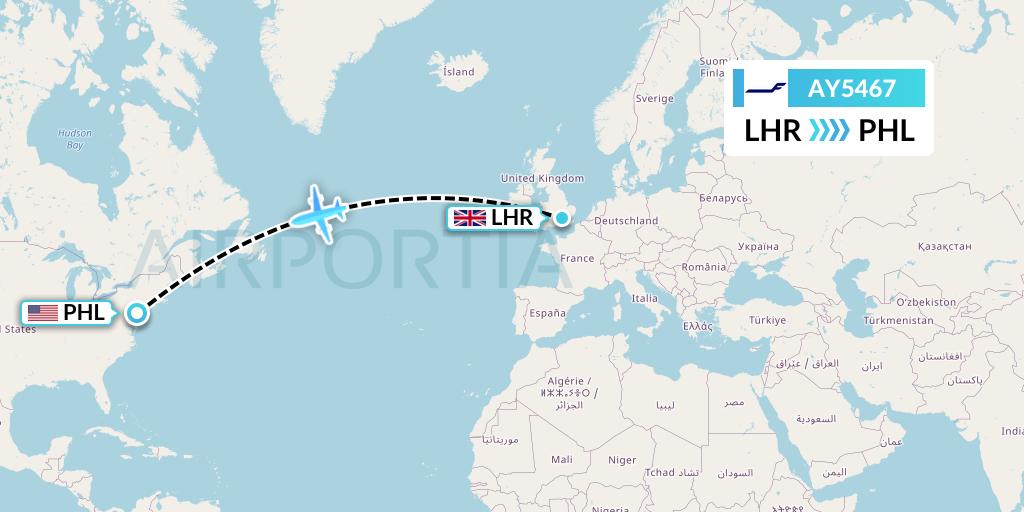 AY5467 Finnair Flight Map: London to Philadelphia