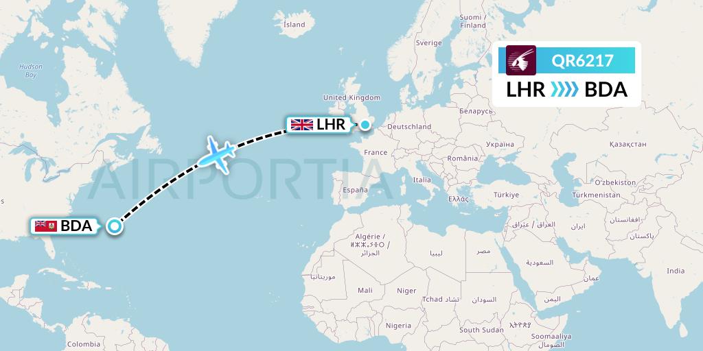 QR6217 Qatar Airways Flight Map: London to Bermuda