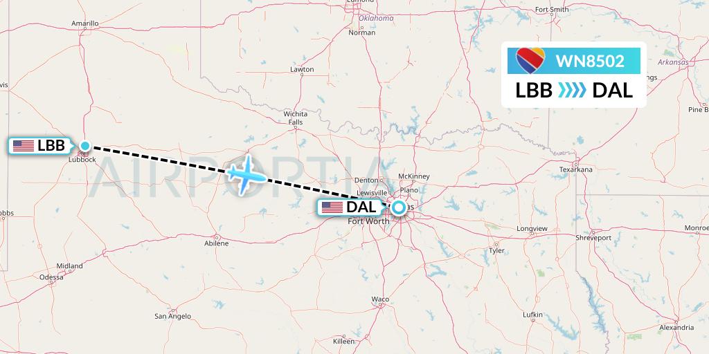 WN8502 Southwest Airlines Flight Map: Lubbock to Dallas