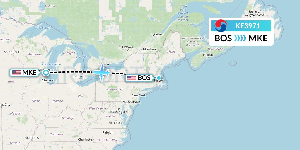 KE3971 Korean Air Flight Map: Boston to Milwaukee