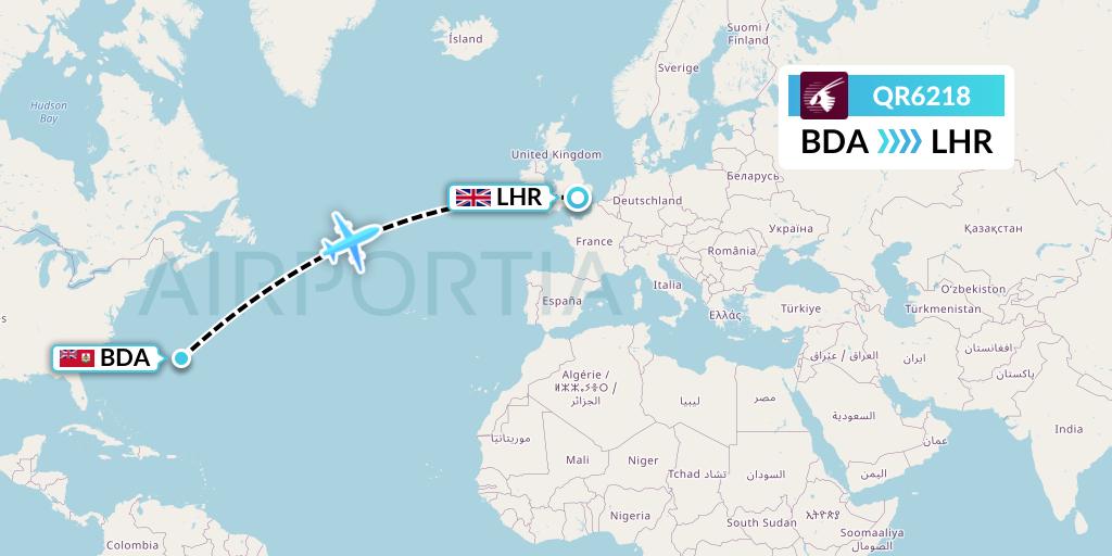 QR6218 Qatar Airways Flight Map: Bermuda to London