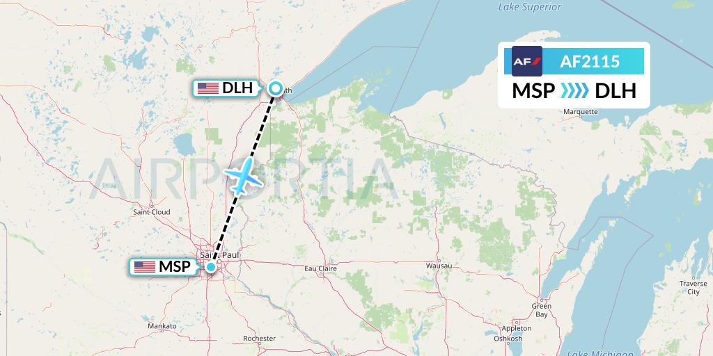 AF2115 Air France Flight Map: Minneapolis to Duluth