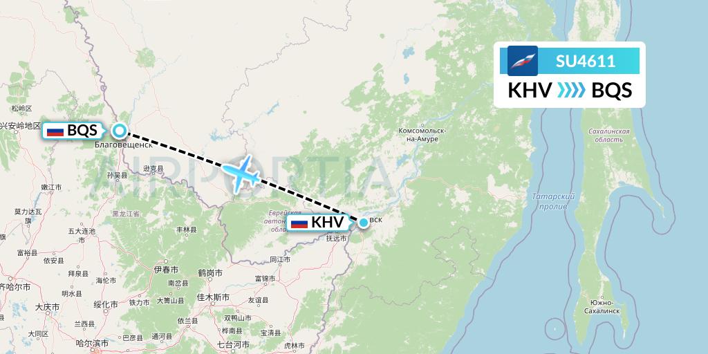 SU4611 Aeroflot Flight Map: Khabarovsk to Blagoveshchensk