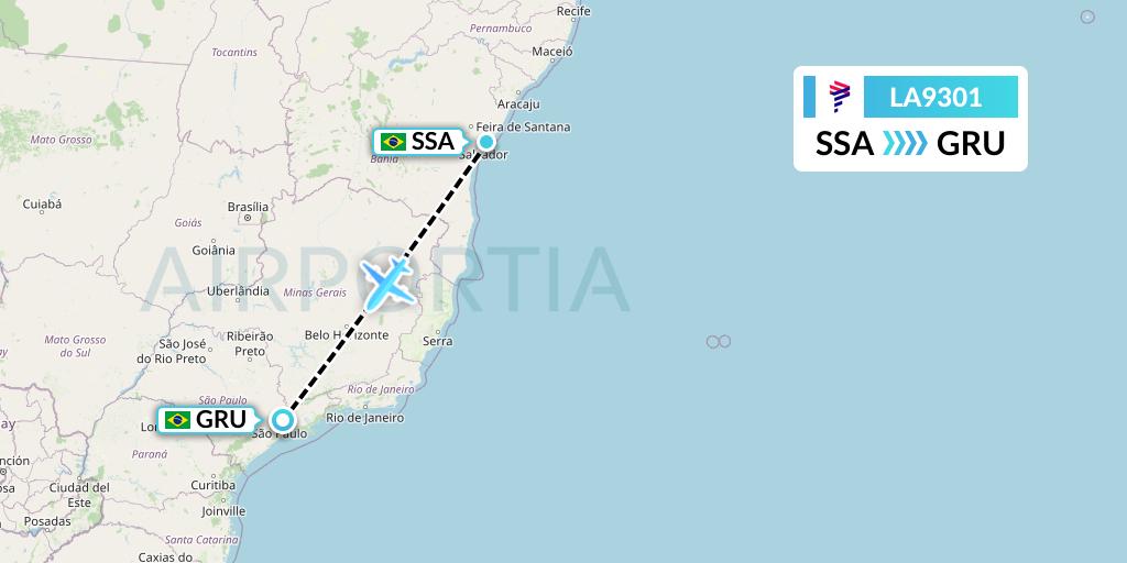 LA9301 LAN Airlines Flight Map: Salvador to Sao Paulo