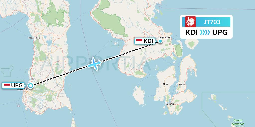 JT703 Lion Airlines Flight Map: Kendari to Makassar