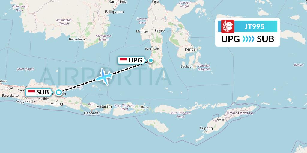 JT995 Lion Airlines Flight Map: Makassar to Surabaya