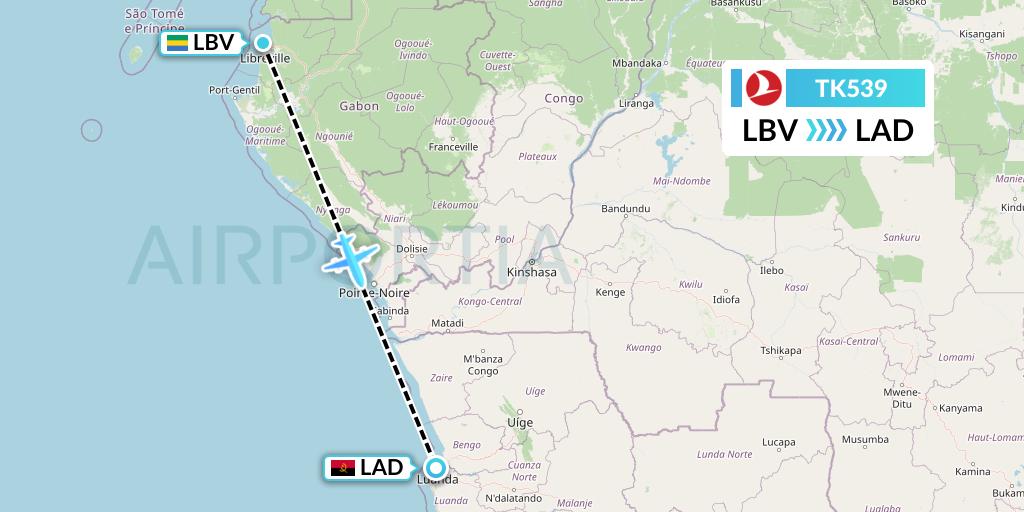 TK539 Turkish Airlines Flight Map: Libreville to Luanda