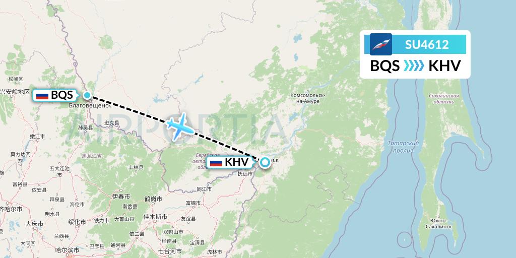 SU4612 Aeroflot Flight Map: Blagoveshchensk to Khabarovsk