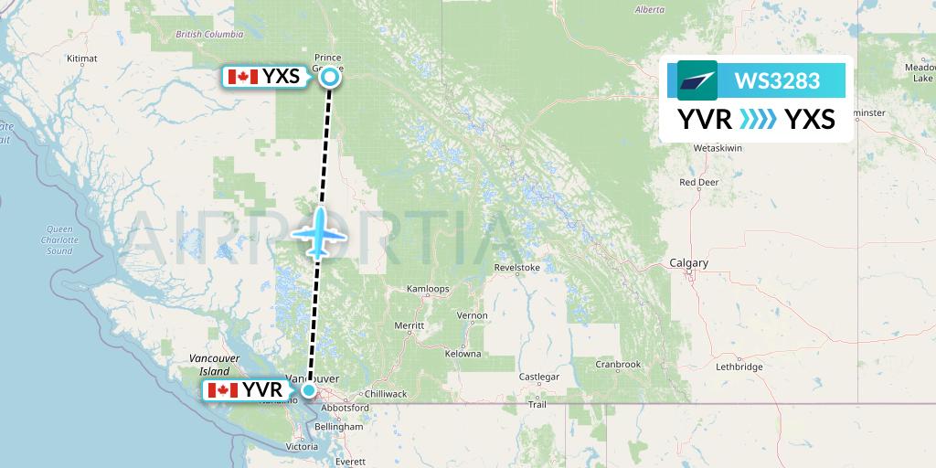 WS3283 WestJet Flight Map: Vancouver to Prince George