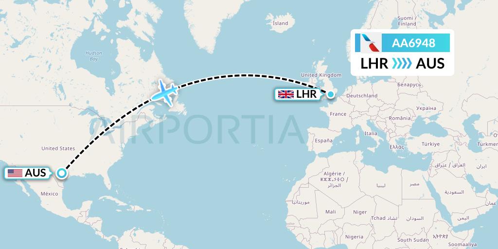 AA6948 American Airlines Flight Map: London to Austin