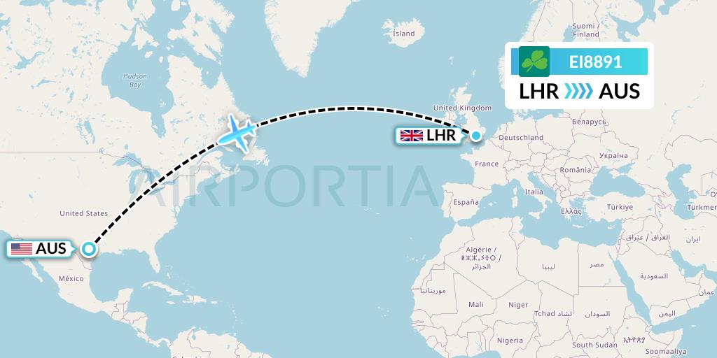 EI8891 Aer Lingus Flight Map: London to Austin