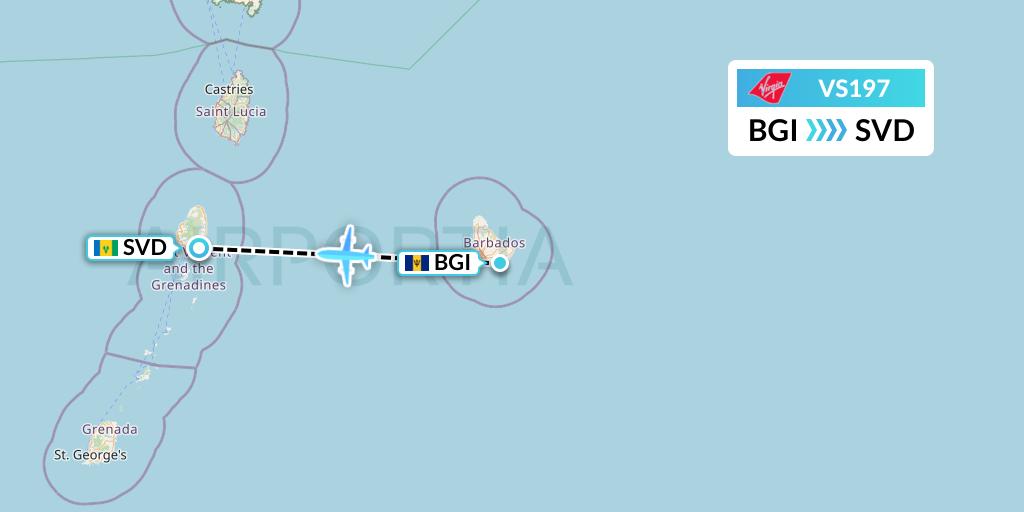 VS197 Virgin Atlantic Airways Flight Map: Bridgetown to Kingstown