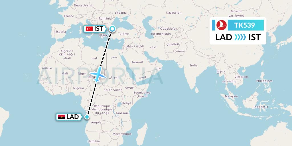 TK539 Turkish Airlines Flight Map: Luanda to Istanbul