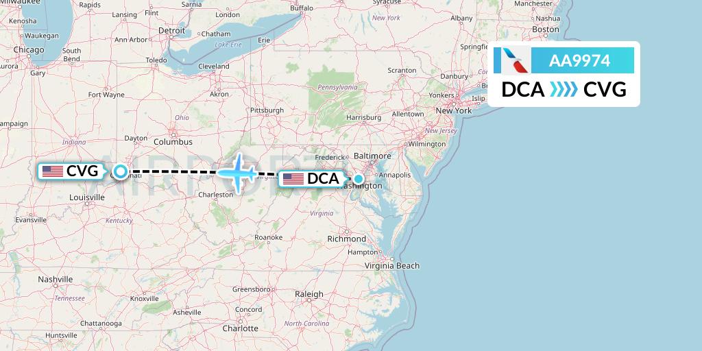 AA9974 American Airlines Flight Map: Washington to Cincinnati