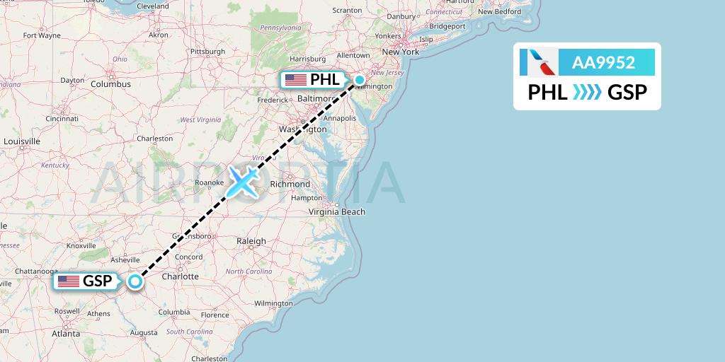 AA9952 American Airlines Flight Map: Philadelphia to Greenville-Spartanburg