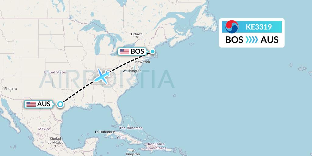 KE3319 Korean Air Flight Map: Boston to Austin