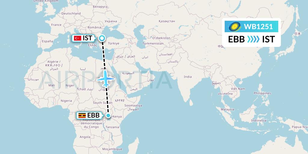 WB1251 RwandAir Flight Map: Entebbe to Istanbul