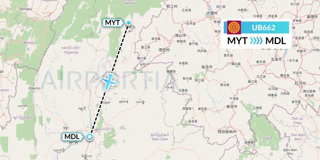 UB662 Myanmar National Airlines Flight Map: Myitkyina to Mandalay