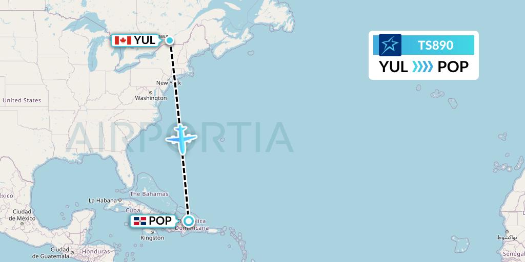 TS890 Air Transat Flight Map: Montreal to Puerto Plata