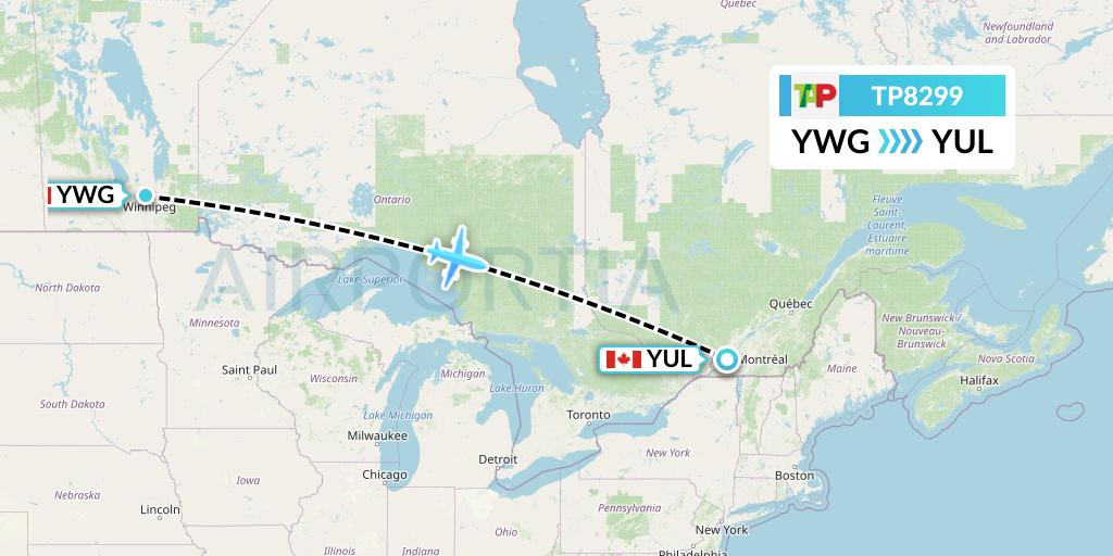 TP8299 TAP Portugal Flight Map: Winnipeg to Montreal