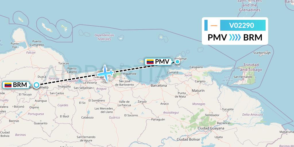 V02290 Conviasa Flight Map: Porlamar to Barquisimeto