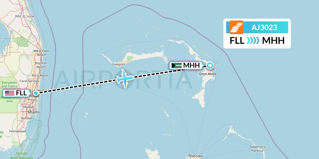 AJ3023 Aztec Airways Flight Map: Fort Lauderdale to Marsh Harbour