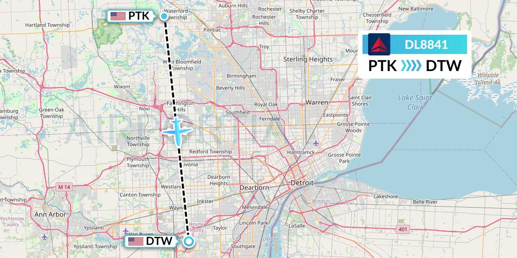 DL8841 Delta Air Lines Flight Map: Oakland County to Detroit