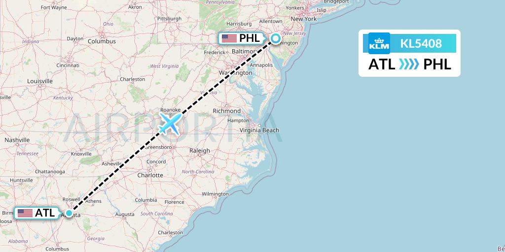 KL5408 KLM Flight Map: Atlanta to Philadelphia