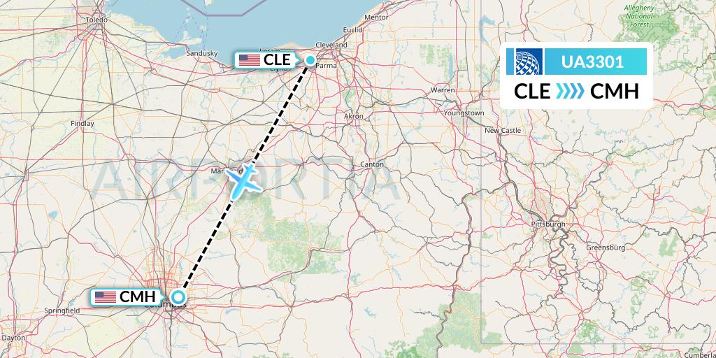 UA3301 United Airlines Flight Map: Cleveland to Columbus