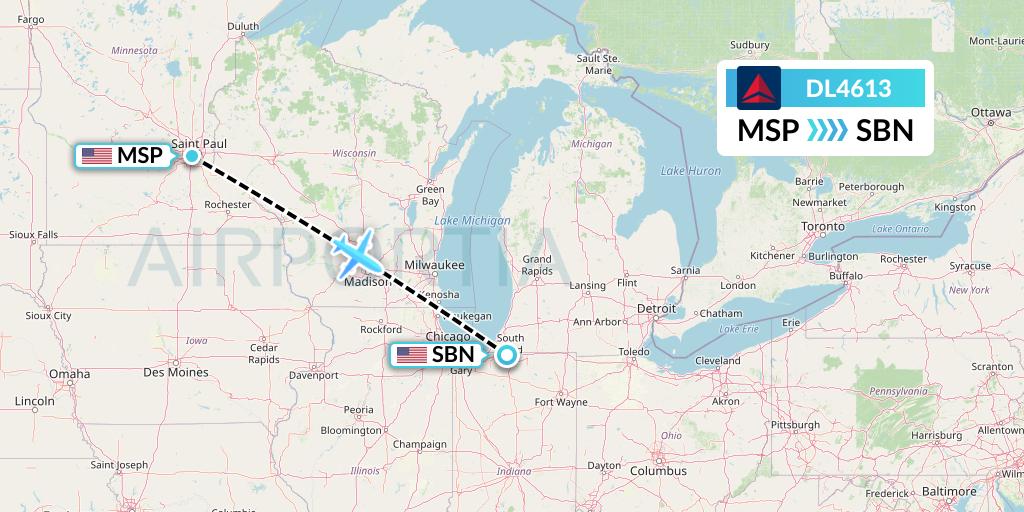 DL4613 Delta Air Lines Flight Map: Minneapolis to South Bend