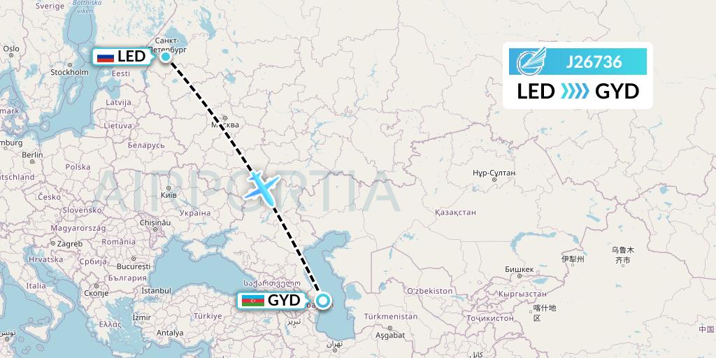 J26736 Azerbaijan Airlines Flight Map: St. Petersburg to Baku