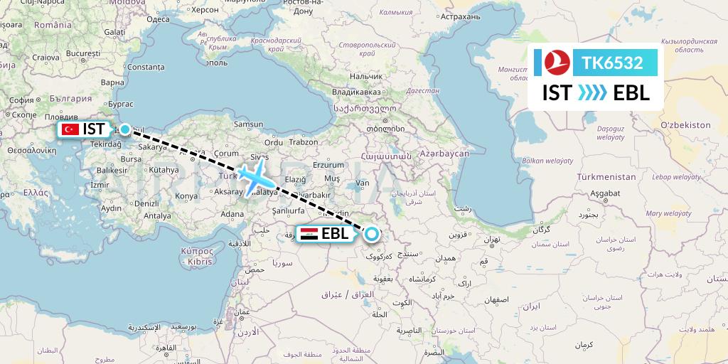 TK6532 Turkish Airlines Flight Map: Istanbul to Arbil